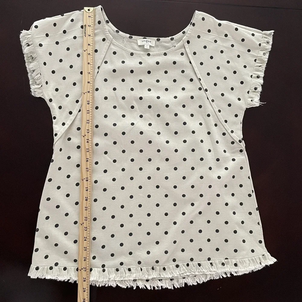 Umgee Linen Cotton Polka Dot Boxy Top Ivory Size S Canvas Fringe Twee Oversized - Picture 12 of 12